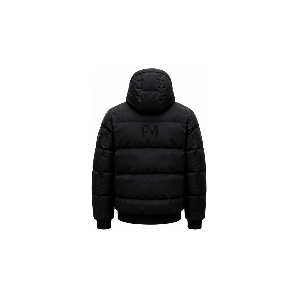 Project Moto BLACKOUT armoured motorcycle puffer jacket, back pre-production visual with PM logo