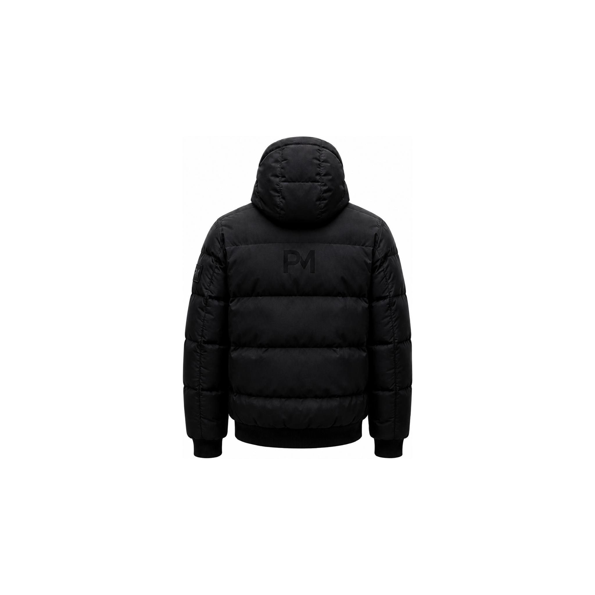 Project Moto BLACKOUT armoured motorcycle puffer jacket, back pre-production visual with PM logo