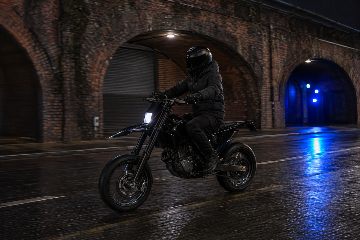 Project Moto BLACKOUT rider travelling beneath wet brick railway arches at night