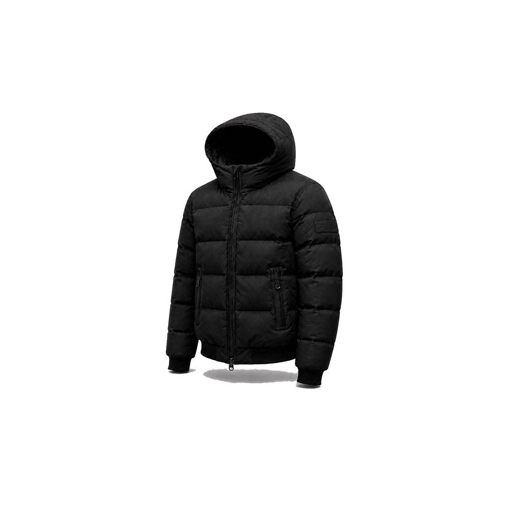 Project Moto BLACKOUT armoured motorcycle puffer jacket, three-quarter studio view
