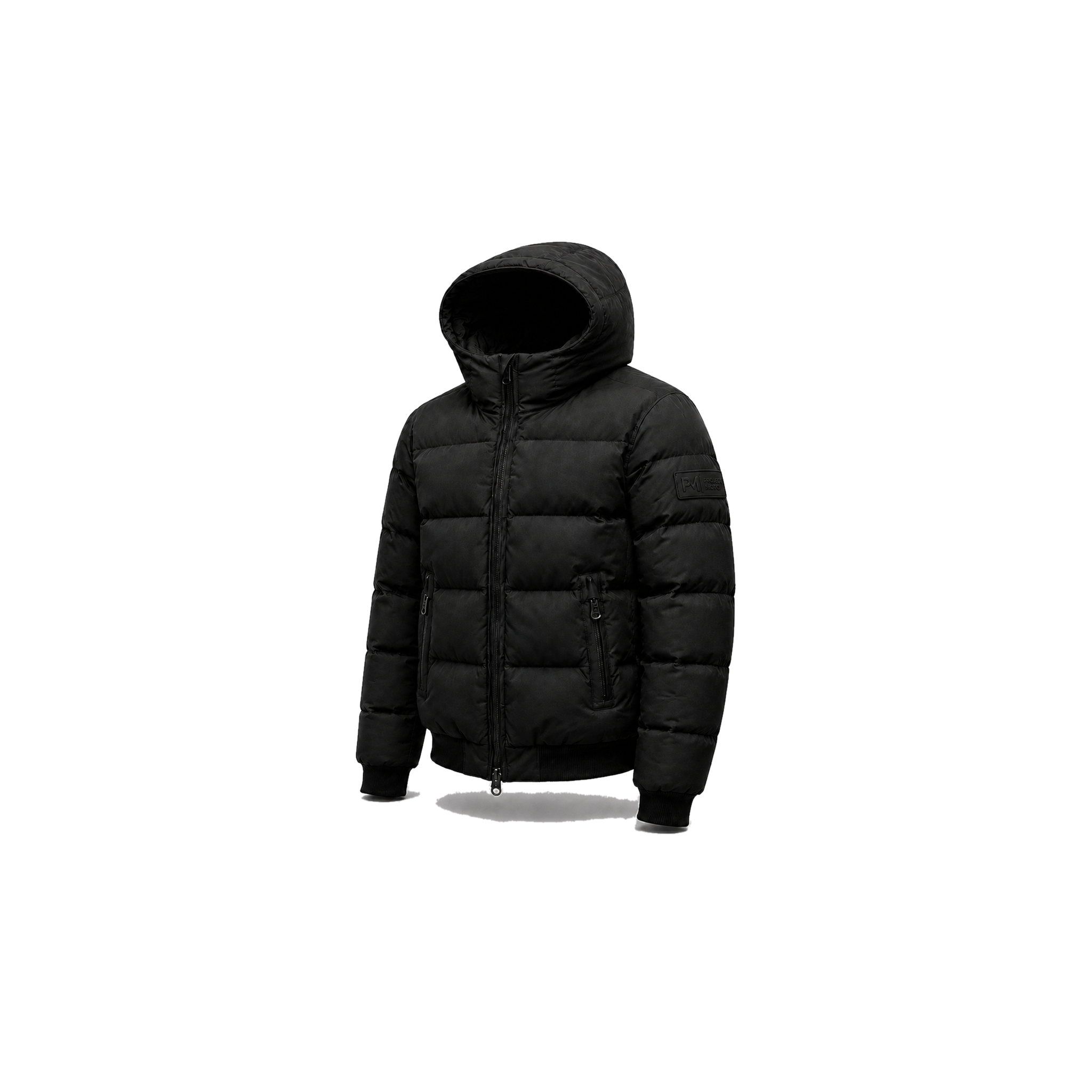 Project Moto BLACKOUT armoured motorcycle puffer jacket, three-quarter studio view
