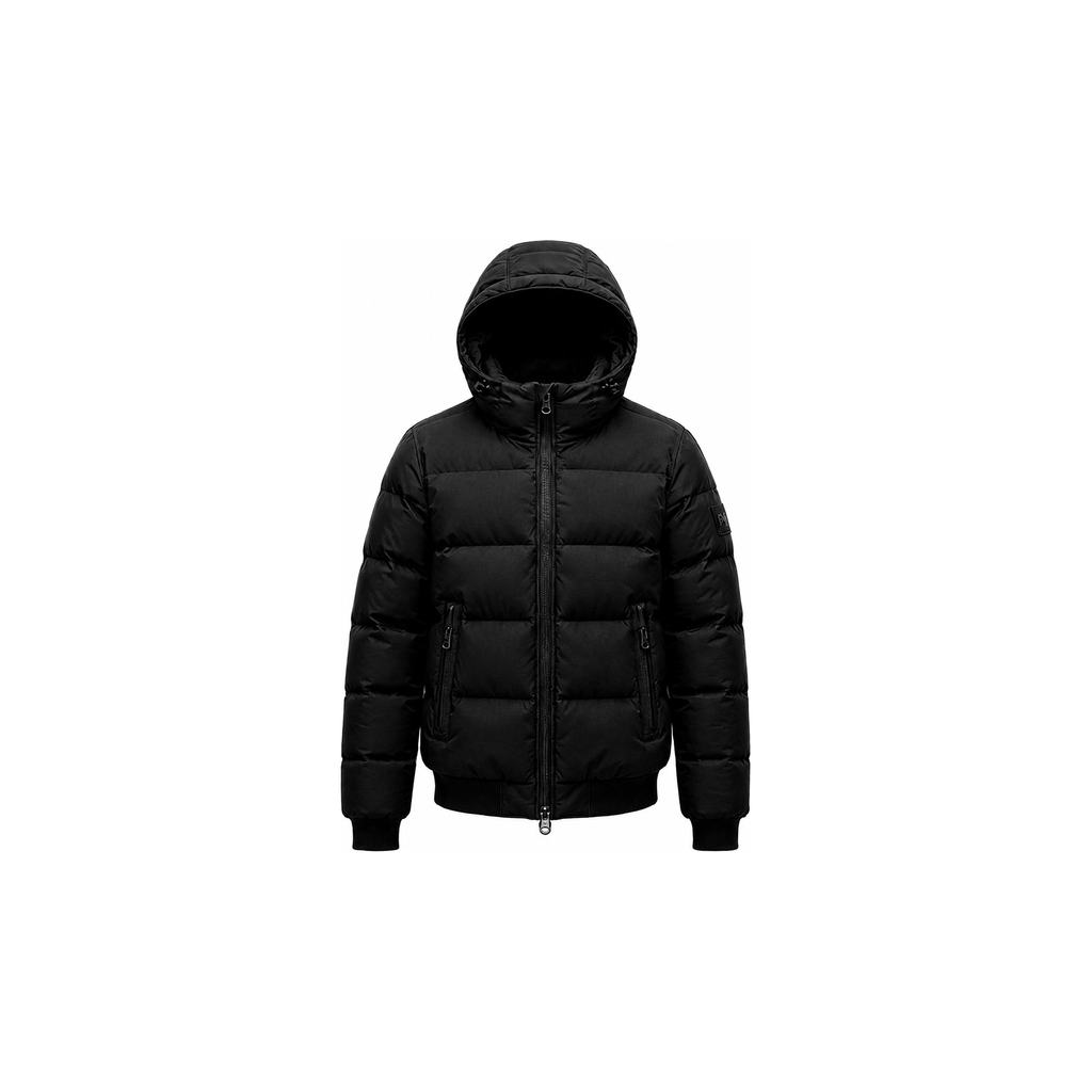 Project Moto BLACKOUT armoured motorcycle puffer jacket, front pre-production visual