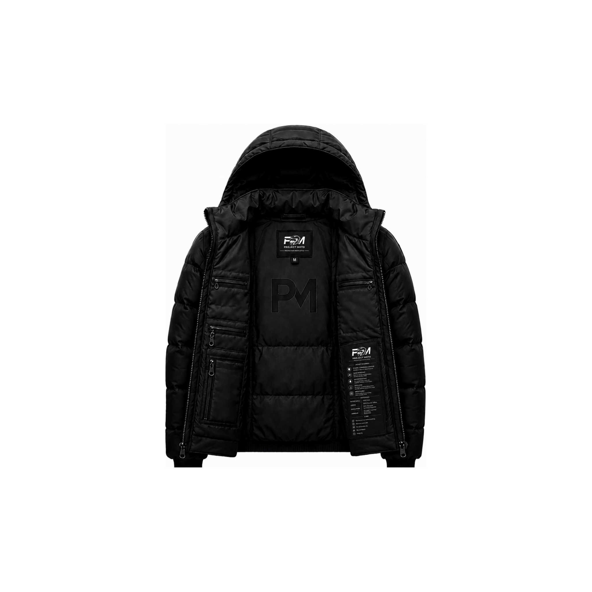 Project Moto BLACKOUT armoured motorcycle puffer jacket, open interior pre-production visual