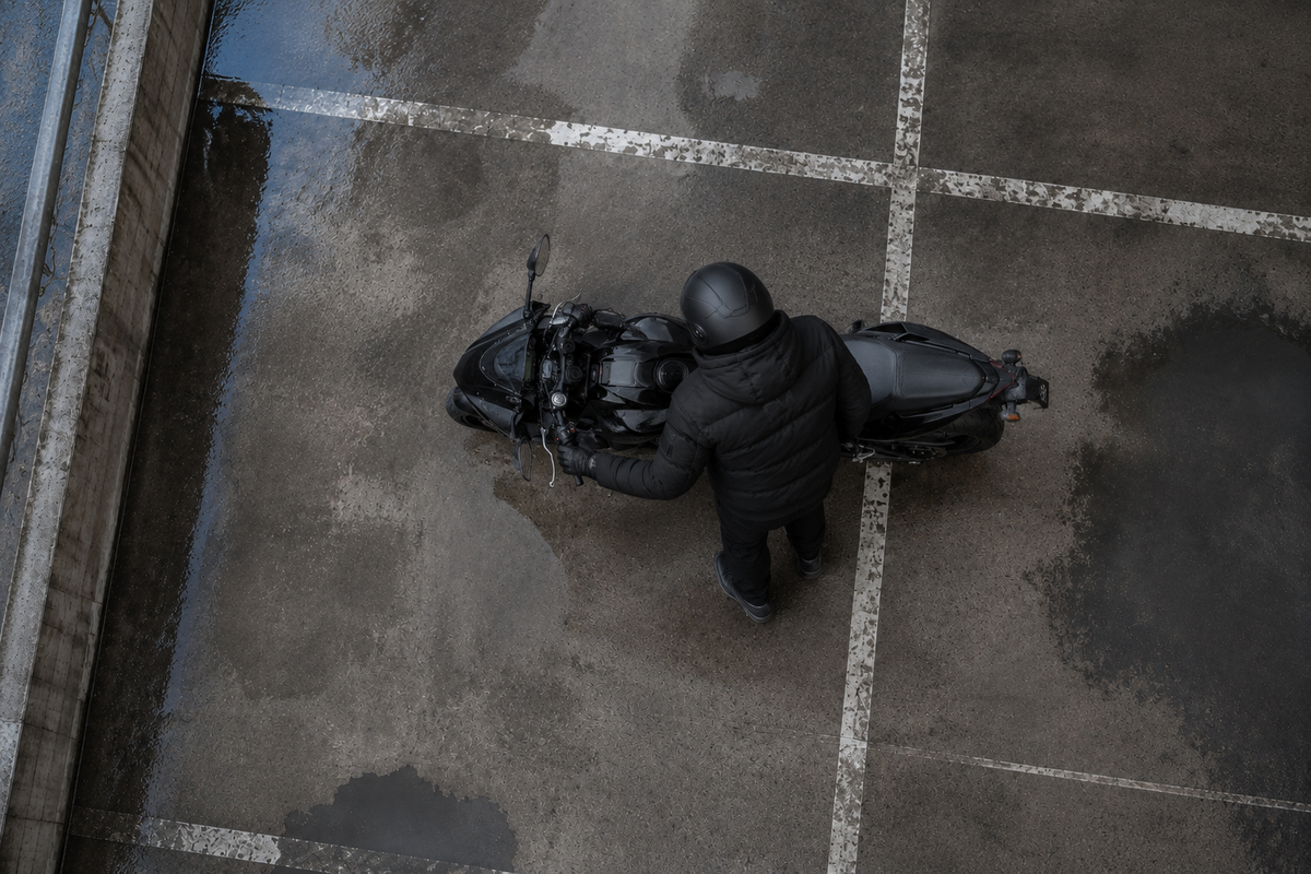 Overhead campaign view of a Project Moto BLACKOUT rider and black motorcycle on wet concrete